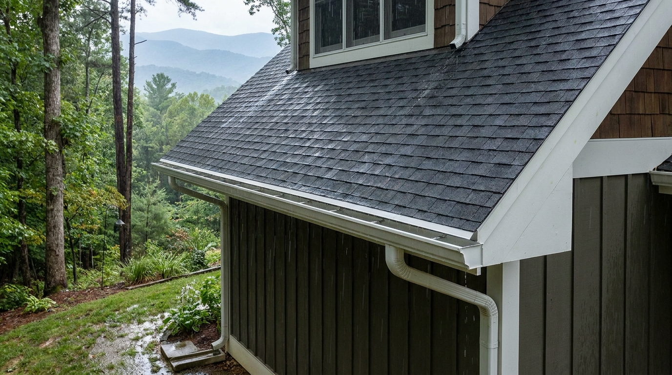 A house with dark board-and-batten siding and a charcoal asphalt shingle roof on a wooded hillside in steady rain, with a white seamless gutter along the roof edge, a white downspout at each end, and blue mountain ridges beyond the trees.