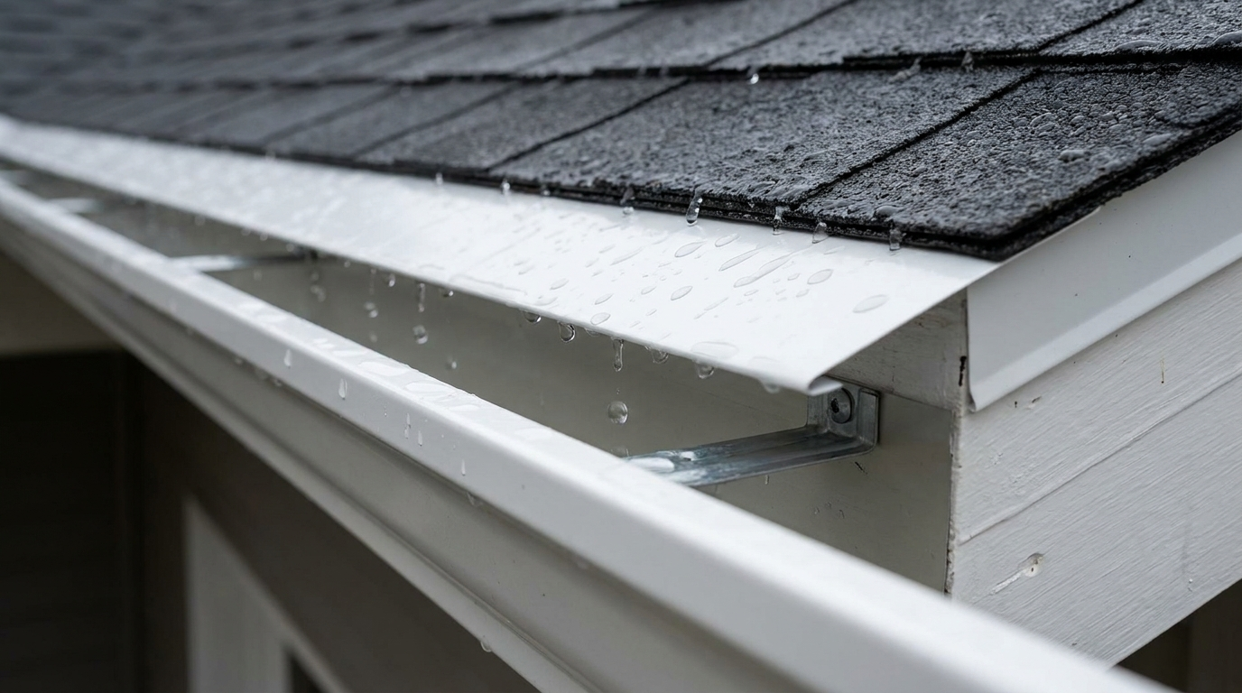 Close-up of a roof edge in the rain: a strip of white metal gutter apron comes out from under the bottom row of charcoal shingles and bends down past the roof edge above a white gutter, with drops falling off its lower edge into the trough and a metal gutter hanger fastened to the white fascia below.