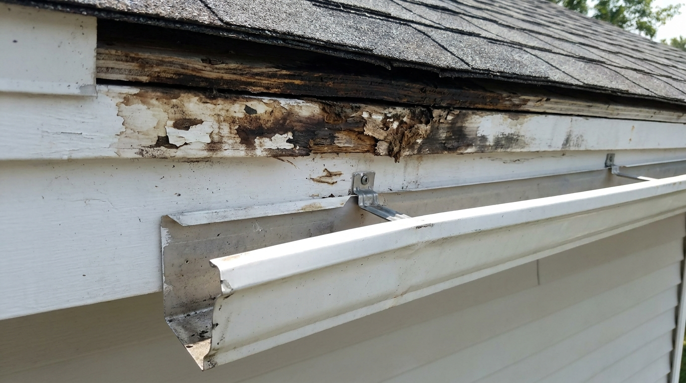 Close-up of a roof edge with no metal flashing, where the shingles overhang a dark, water-stained deck edge and the top of the white wood fascia below is stained, peeling and crumbling with rot, above a white aluminum gutter hung low on metal hangers with a wide gap behind it.