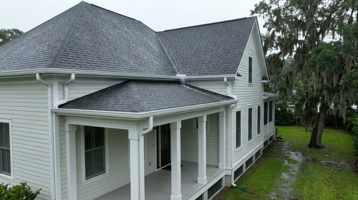 A two-story white clapboard house with a charcoal shingle hip roof and a columned front porch in heavy rain, where water spills out of the upper white gutter at one spot and runs down the porch roof below, with a live oak hung with Spanish moss in the wet side yard.