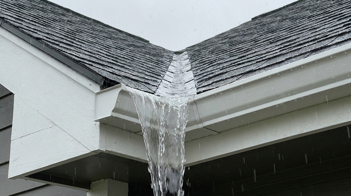 Close-up from below of a shingled roof valley in heavy rain, where a thick sheet of water pours off the valley and over the inside corner of a white K-style gutter.