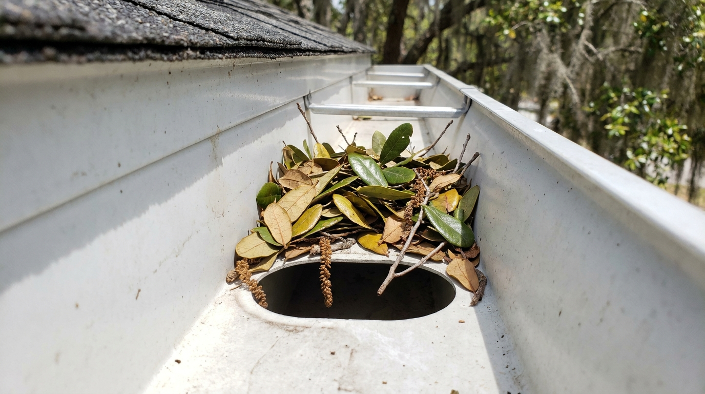 Looking down into a white gutter at its downspout opening, where dry green, yellow and brown oval leaves, twigs and catkins have piled up around and over the opening, with trees hung with Spanish moss out of focus beyond.