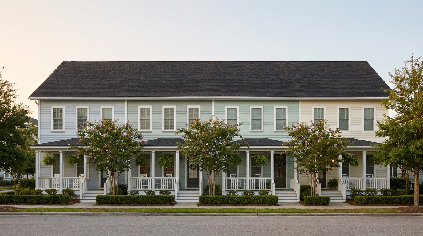 Row of attached Lowcountry townhomes in different paint colors beneath one continuous shingle roofline