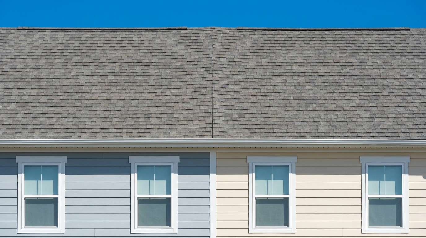 Two adjoining townhomes in different siding colors meeting at a vertical seam, with one unbroken shingle roof running across both