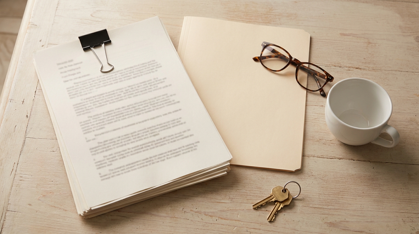 Thick stack of printed documents held with a binder clip, beside a folder, reading glasses and house keys on a wooden table