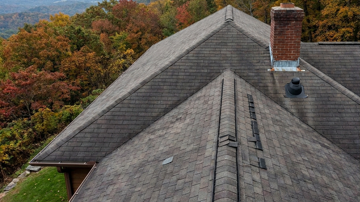 Overhead drone view of a steep grey asphalt shingle roof showing the main ridge, two hip lines and a brick chimney with metal flashing at its base, with several shingle pieces lifted along the ridge, on a wooded Western North Carolina hillside in autumn