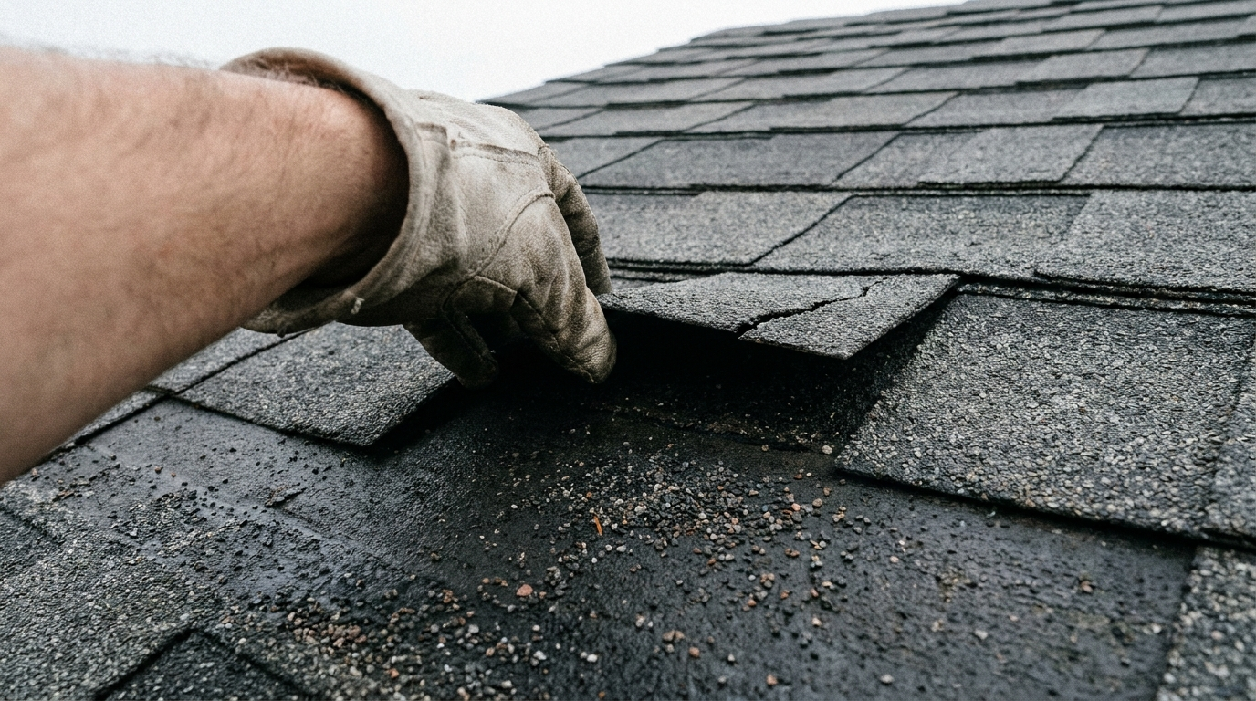 A gloved hand lifting the cracked edge of a weathered dark grey asphalt shingle tab on a roof slope, with loose dark granules scattered across the shingle course below