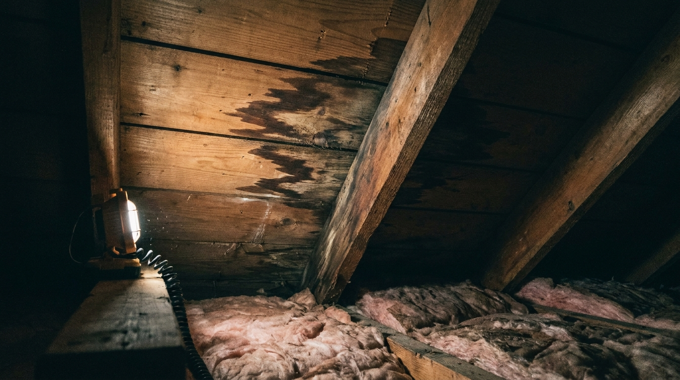 The underside of a roof deck seen from inside an attic, with a dark irregular water stain spreading across the wooden sheathing boards beside a rafter, lit from one side by a single work light