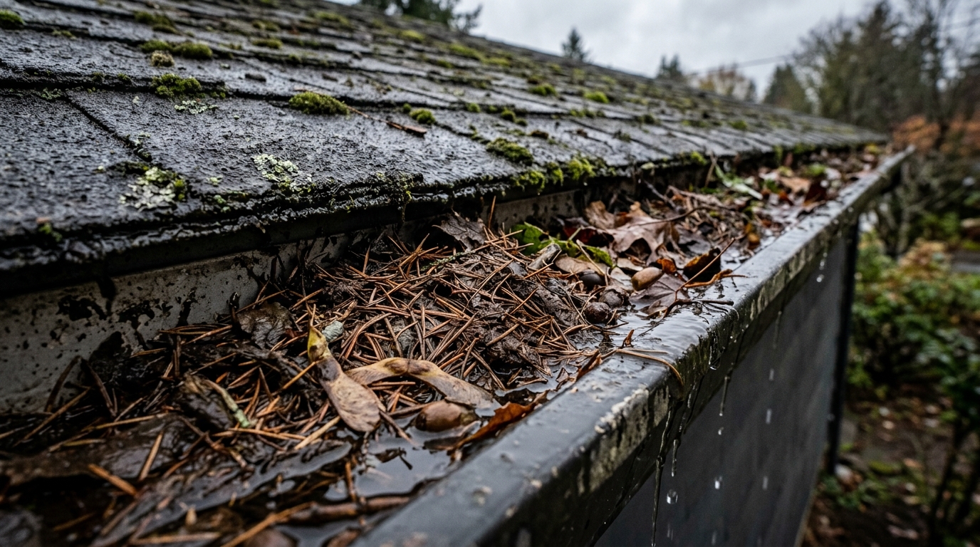 Gutter packed with a wet mat of pine needles and decomposed leaves