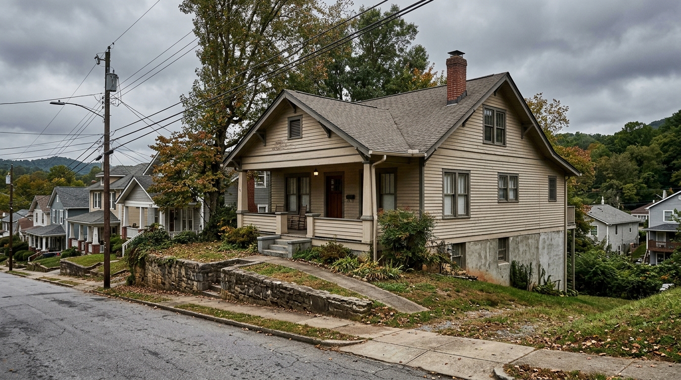 Older craftsman home on a sloping Asheville street with the foundation exposed as the ground falls away
