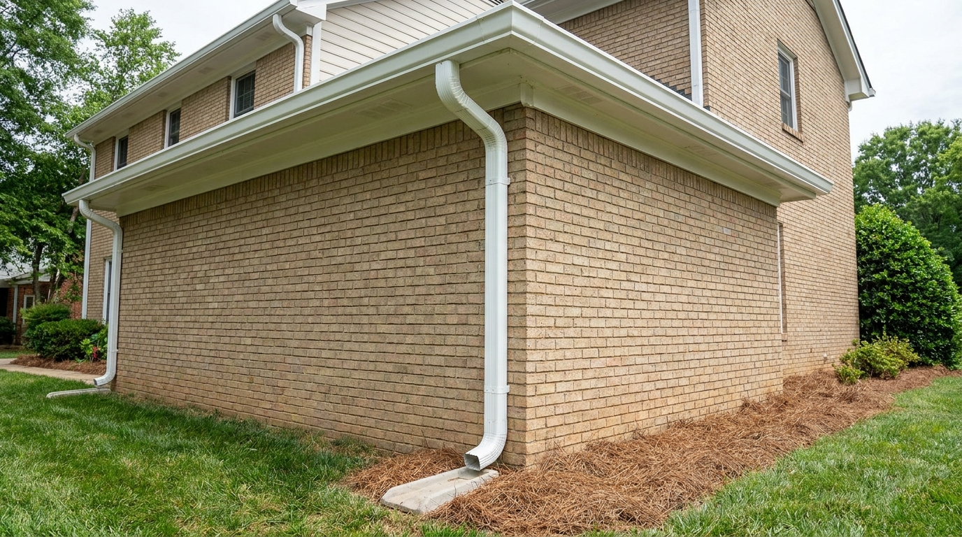 A white downspout leaving the gutter at the outside corner of a tan brick house, bending through an elbow under the eave, strapped to the wall and ending in a bottom elbow over a concrete splash block in a pine-straw bed