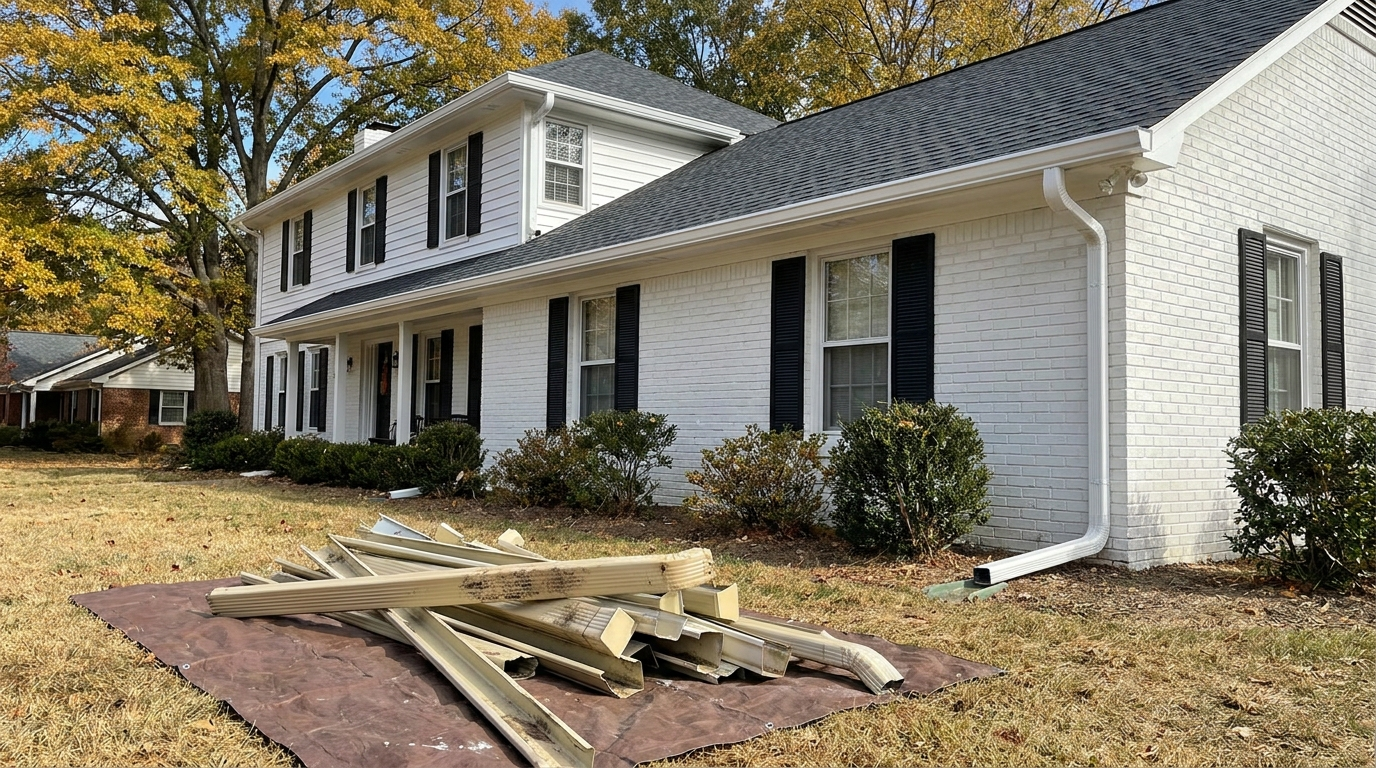 A two-story white house with painted brick below, black shutters and a dark gray shingle roof, clean white gutters along the lower eave and a white downspout running down the corner to the ground, with a pile of old tan gutter sections on a brown tarp on the lawn in front and trees in fall color behind