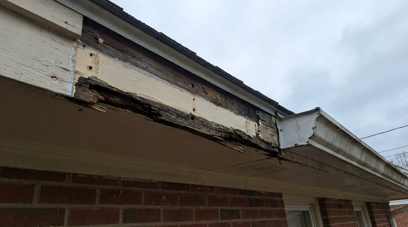 Looking up at the eave of a red-brick house where a section of old gutter has been taken down, exposing a fascia board with dark, crumbling rotted wood along its bottom edge, empty nail holes and a pale band of paint, beside the remaining old gutter and its end cap