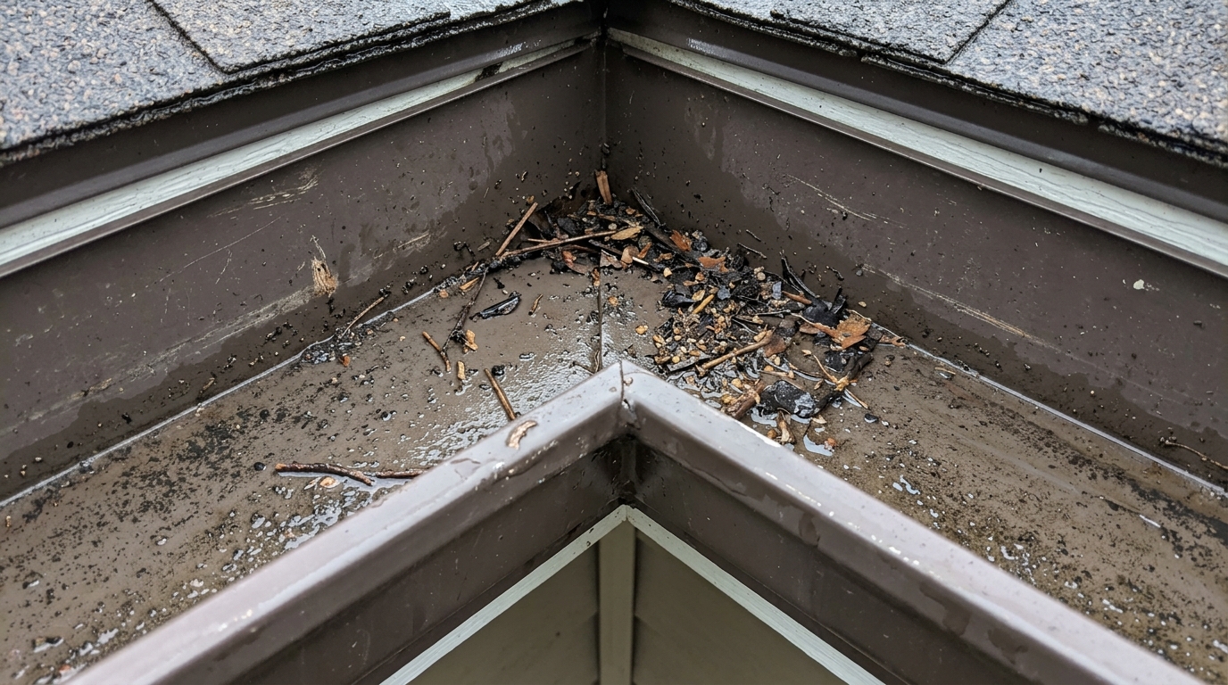 Debris and grit collected in the inside corner of a K-style gutter