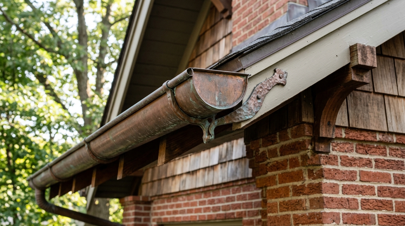 Copper half-round gutter on the eave of a historic Greensboro home