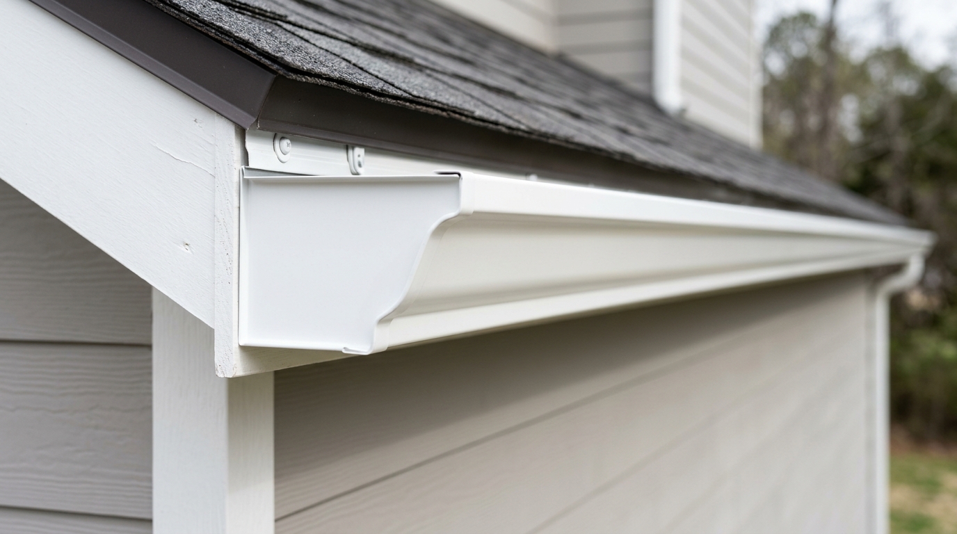 White seamless K-style aluminum gutter showing its ogee front profile