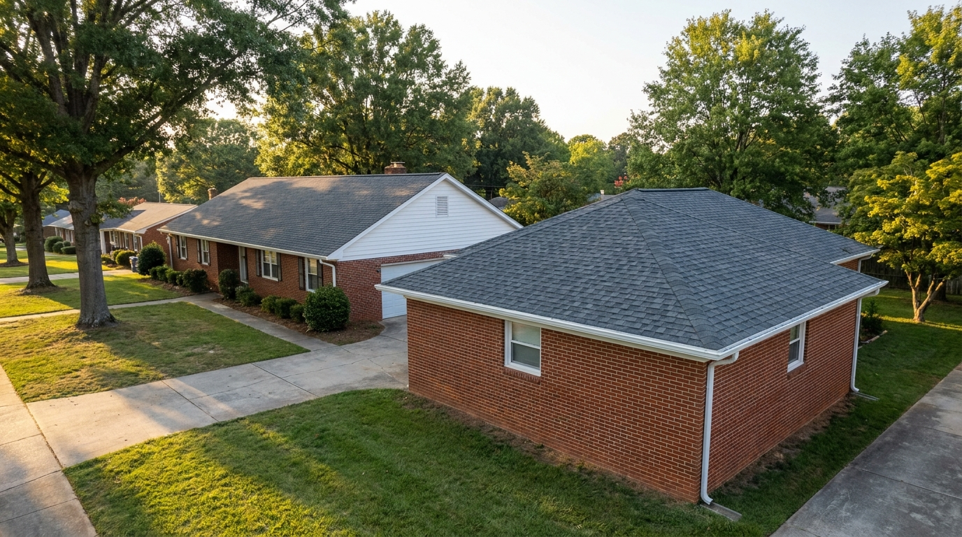 Seen from above, a red-brick ranch house with a gable roof and a white-sided end wall beside a smaller brick building with a hip roof