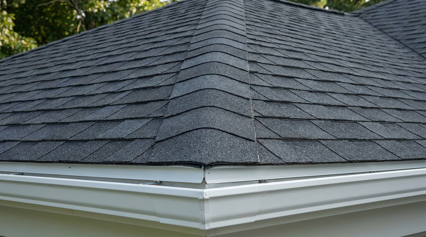 Close-up of a hip line on a charcoal asphalt shingle roof, with a row of cap shingles running up from the corner where two white gutters meet