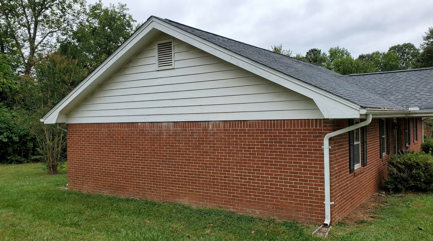 Gable end of a red-brick ranch house: white lap siding and a louvered vent in the triangle under the roof, white rake trim, and a downspout at the corner