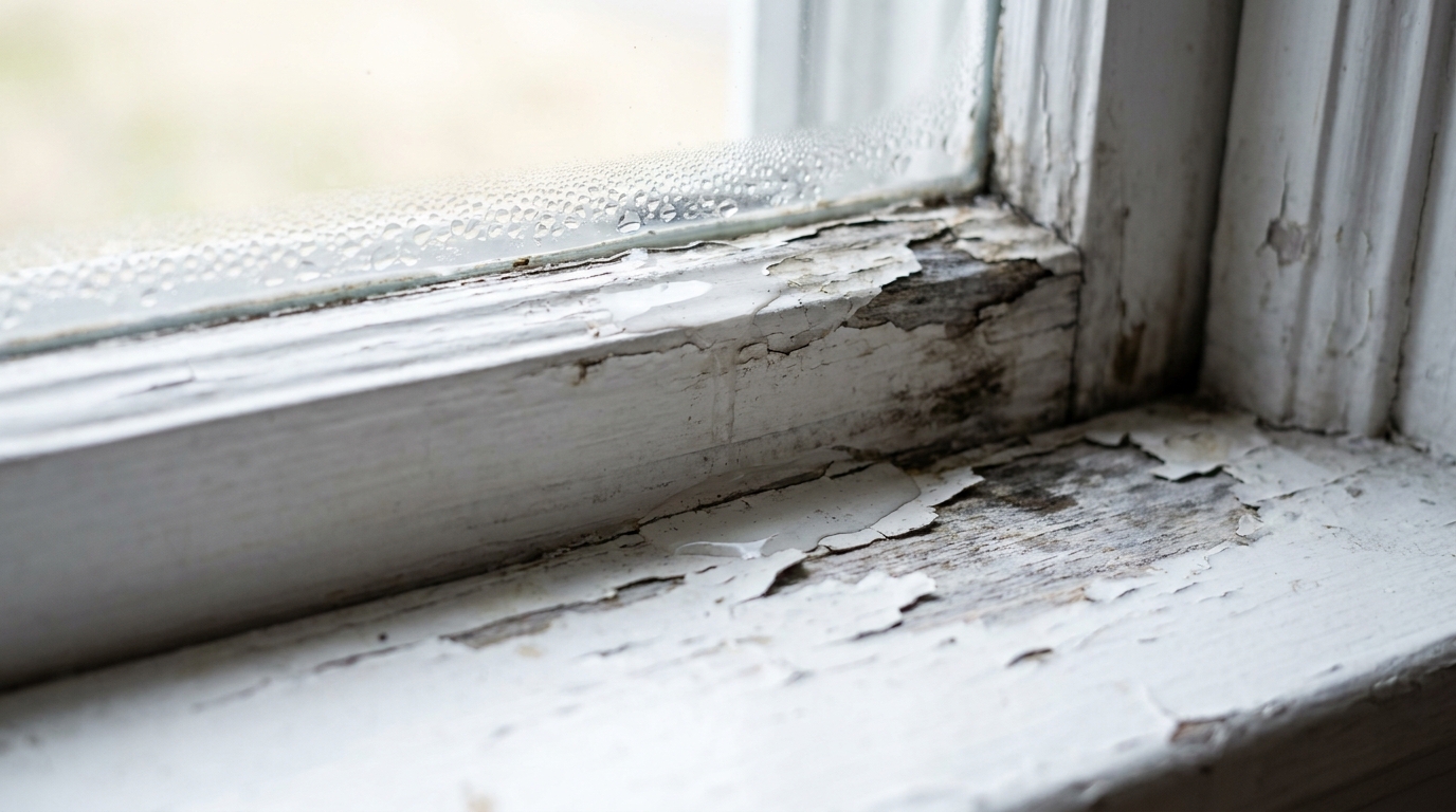 Condensation beaded along the bottom edge of a window pane above a painted wooden sill where the paint has blistered and flaked away in large chips, exposing weathered wood and dark staining in the corner