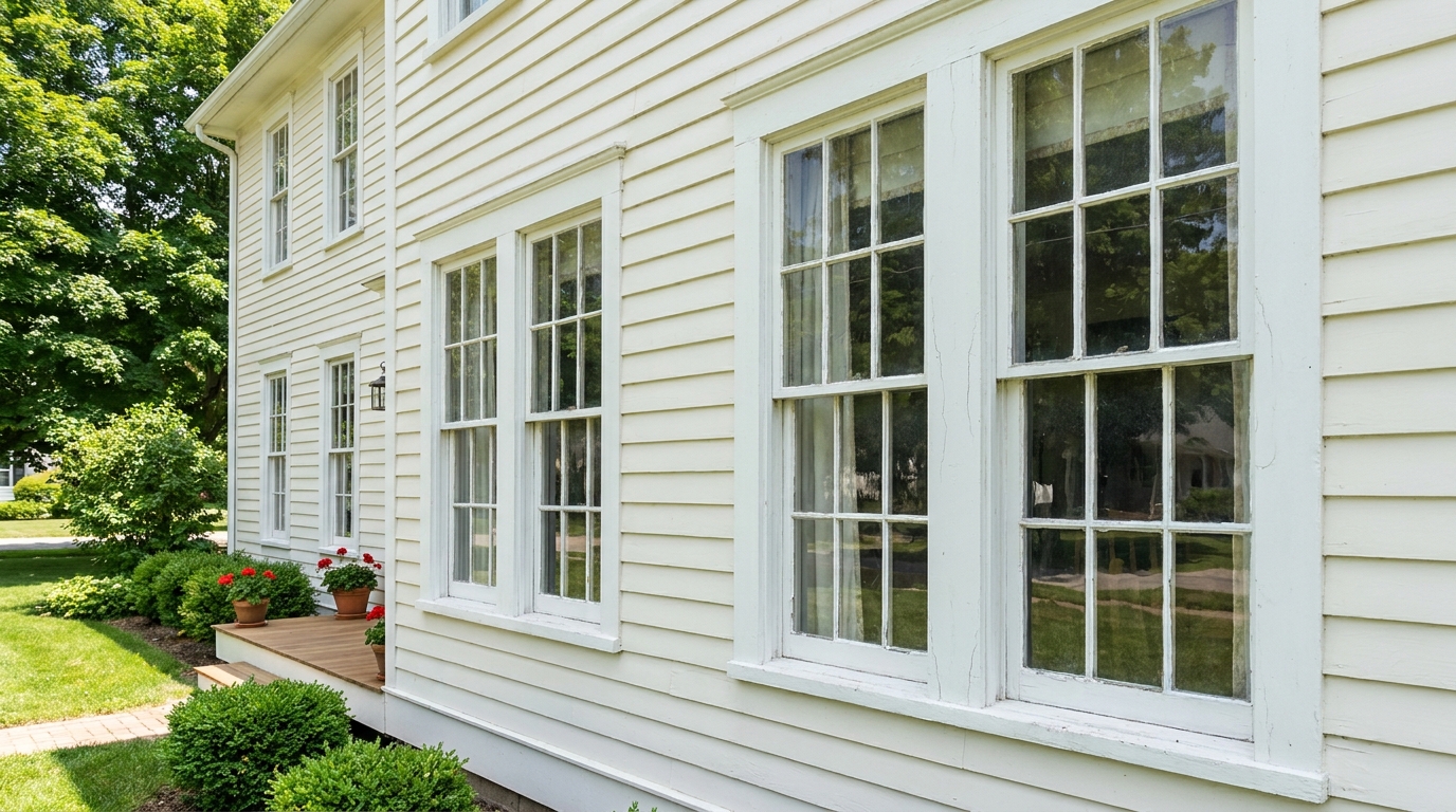 Tall original wood double-hung windows with divided panes along the side of a white clapboard home, their painted frames and sills showing fine age cracking above tidy shrubs and a mown lawn
