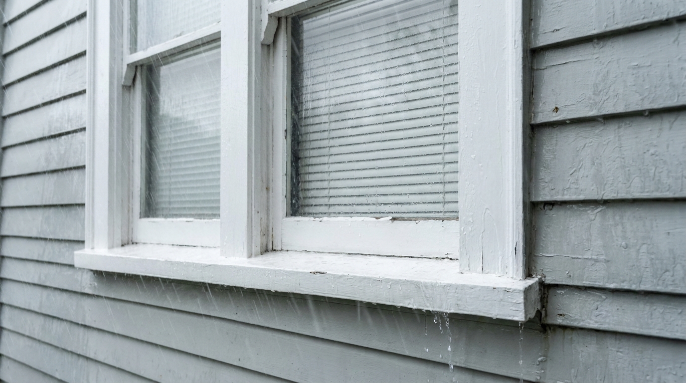 Rain streaking against the closed panes of a white double-hung window in wet grey lap siding, with water running along the exterior sill and dripping from the joint where the sill meets the wall