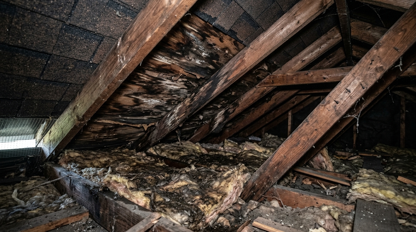 Water-stained and delaminated roof sheathing seen from inside an attic
