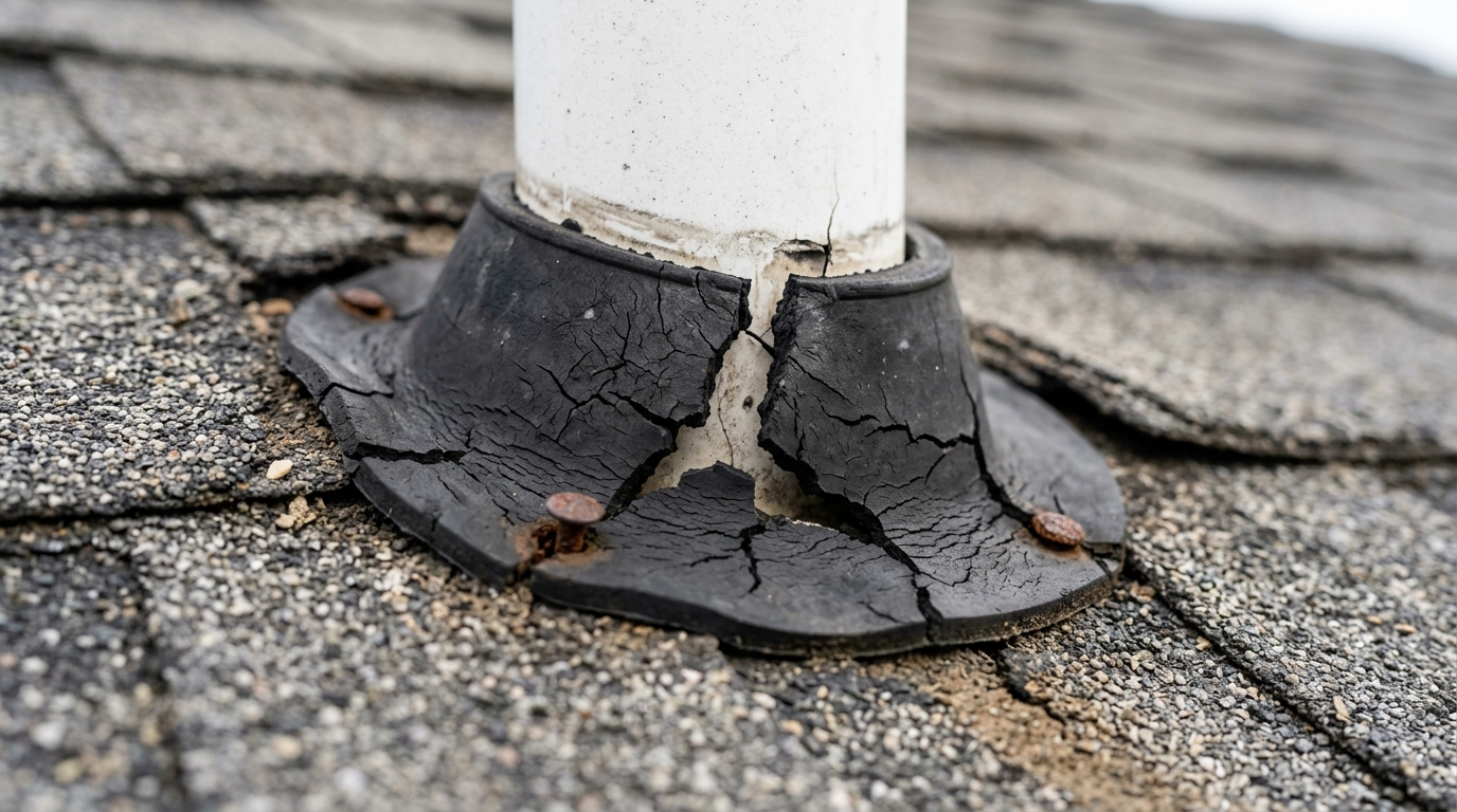 Cracked and split rubber pipe boot at a roof vent, a common leak source