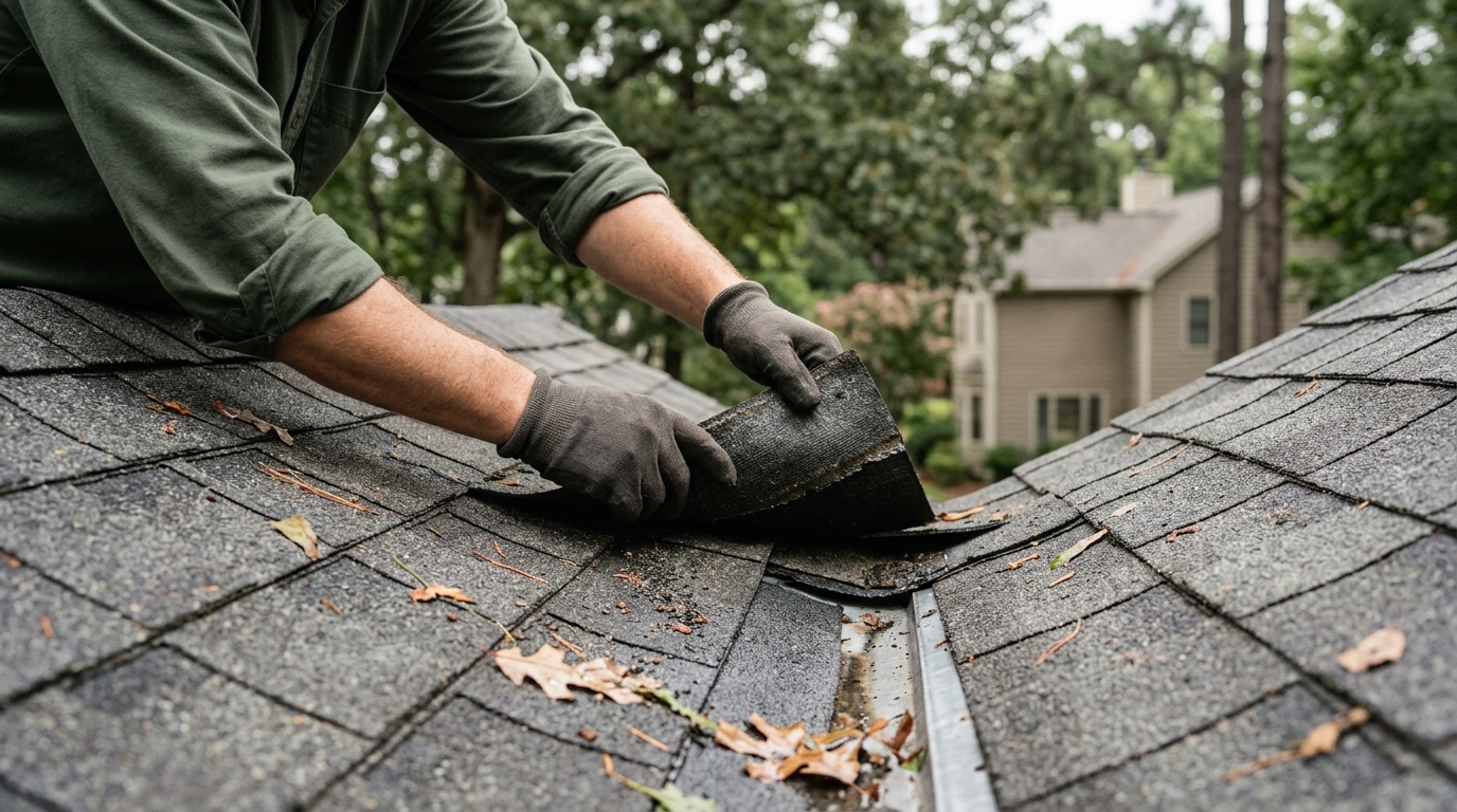 Roofer inspecting shingles on a Raleigh home