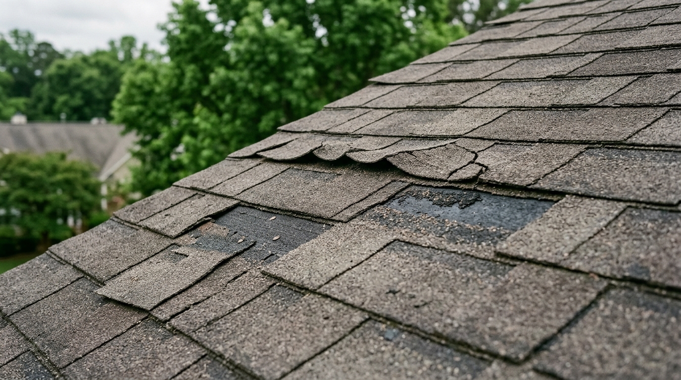 Cracked and curling asphalt shingles with a missing tab exposing underlayment on a Raleigh area roof