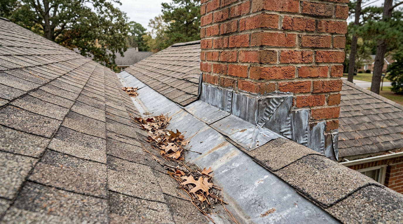 Roof valley channel and metal step flashing where a brick chimney meets the shingles