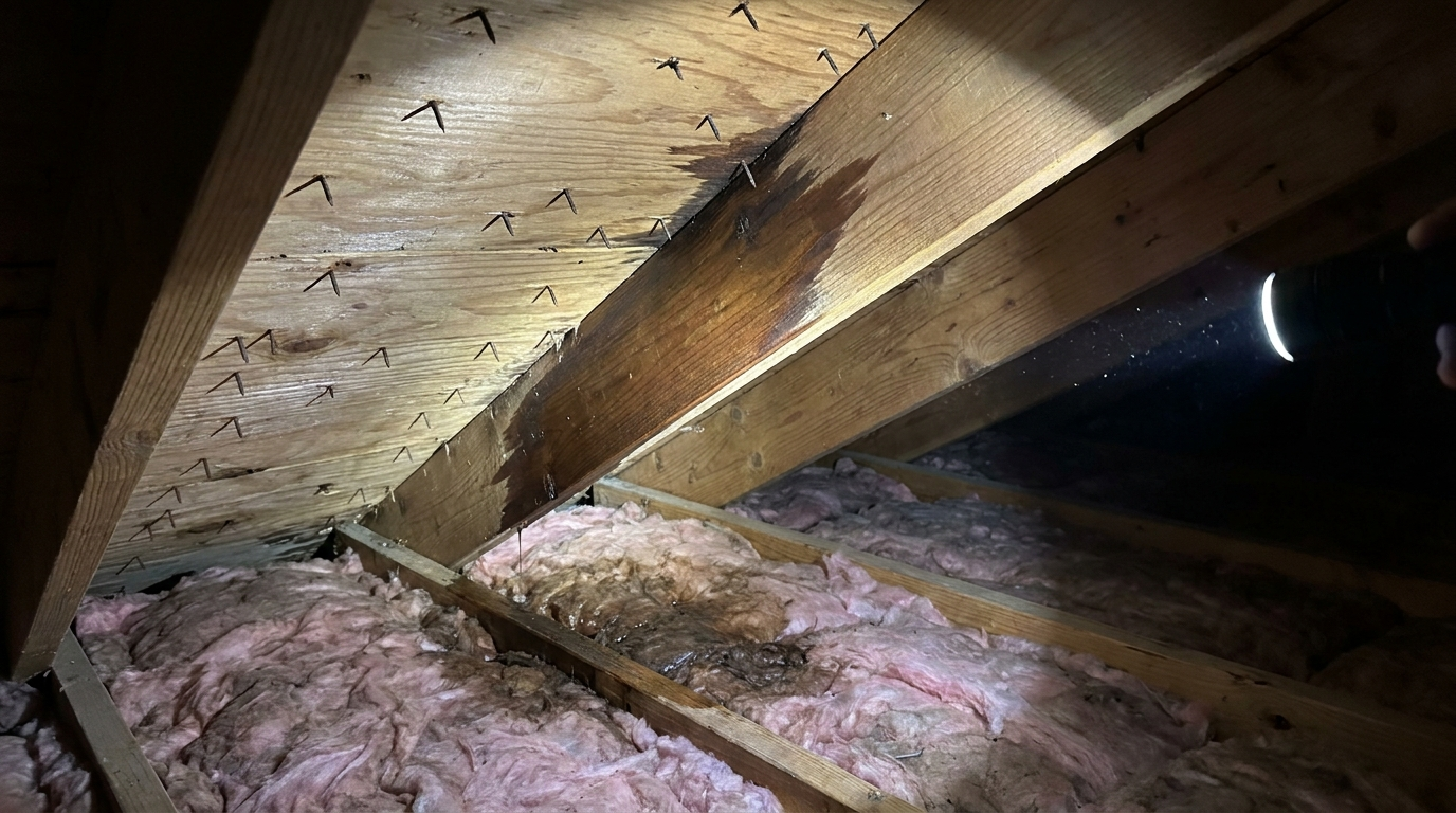 A flashlight beam in an attic lighting a dark wet streak that runs down a wooden rafter and onto the plywood roof deck beside it, with nail tips poking through the deck and a darkened, damp patch on the pink insulation below