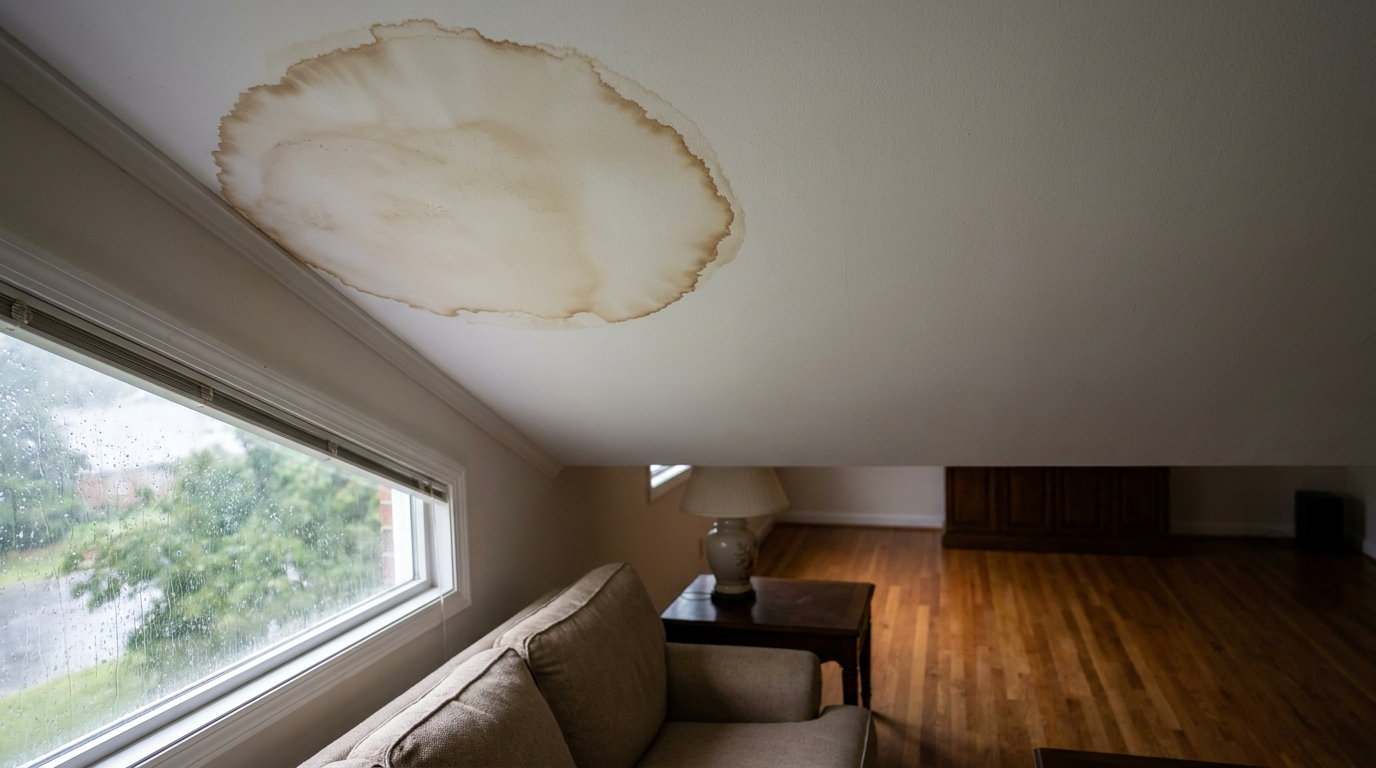 A large tan water stain with a darker brown ring on a sloped white ceiling above a sofa and a rain-streaked window, with a side table, a lamp and a wood floor in the room below