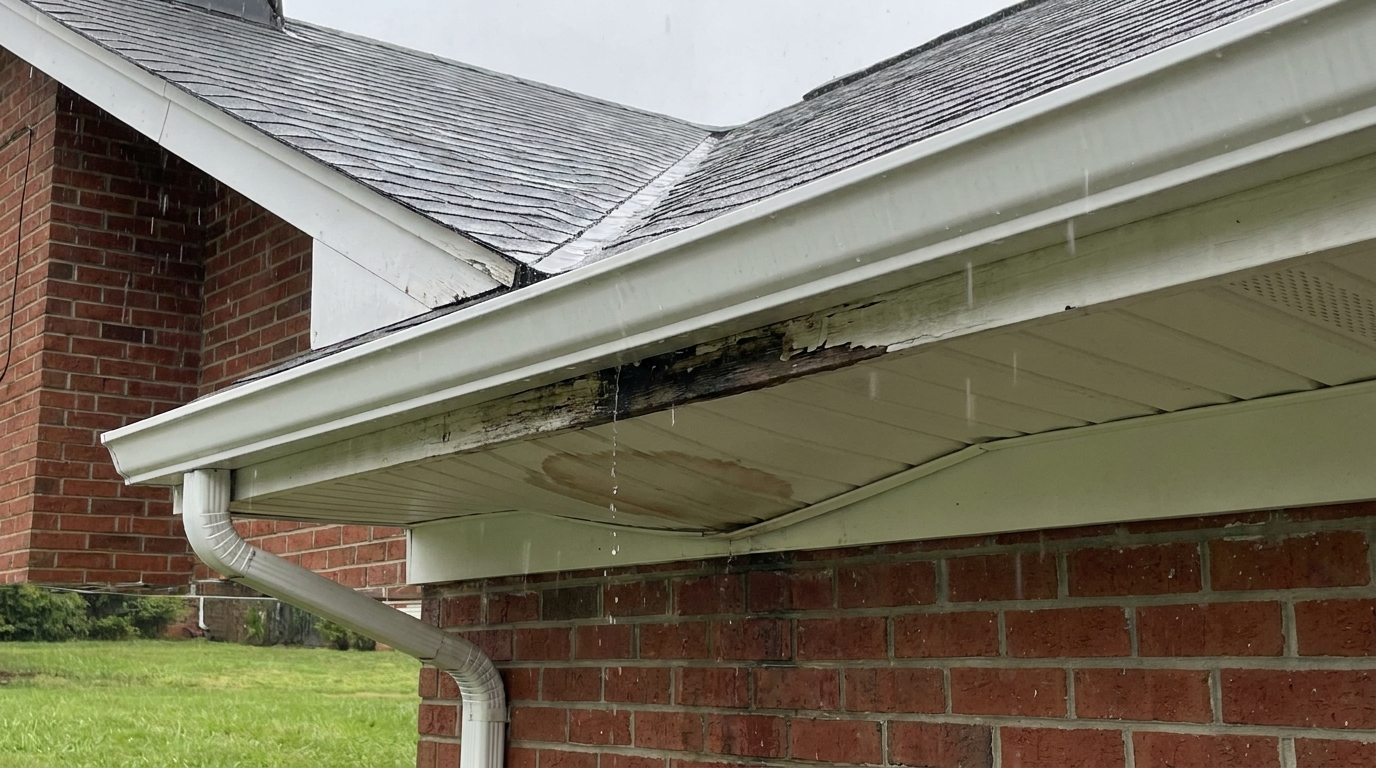 Water dripping from under a white gutter at a spot where the fascia board behind it is rotted and peeling, above a brown water stain on the soffit of a red-brick house in the rain, with a downspout running from the gutter down the wall