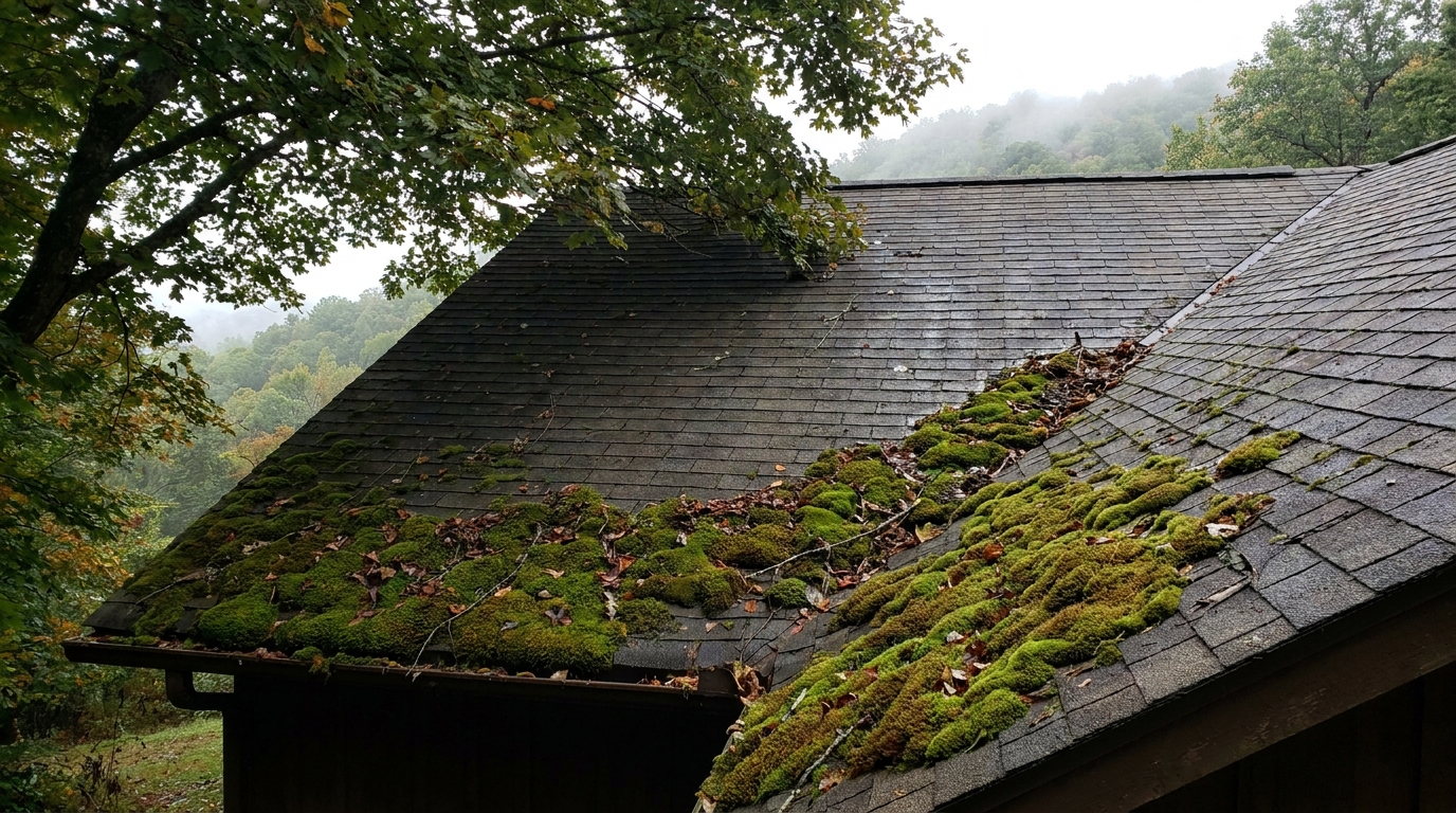 Thick green moss carpeting the lower courses and valley of a shaded asphalt shingle roof, with leaf debris and overhanging branches, on a misty wooded hillside