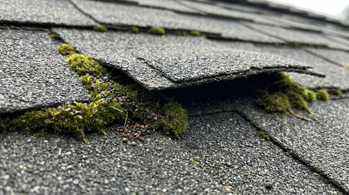 Moss growing under an asphalt shingle tab, lifting and curling its edge away from the course below, with loose granules scattered in the moss