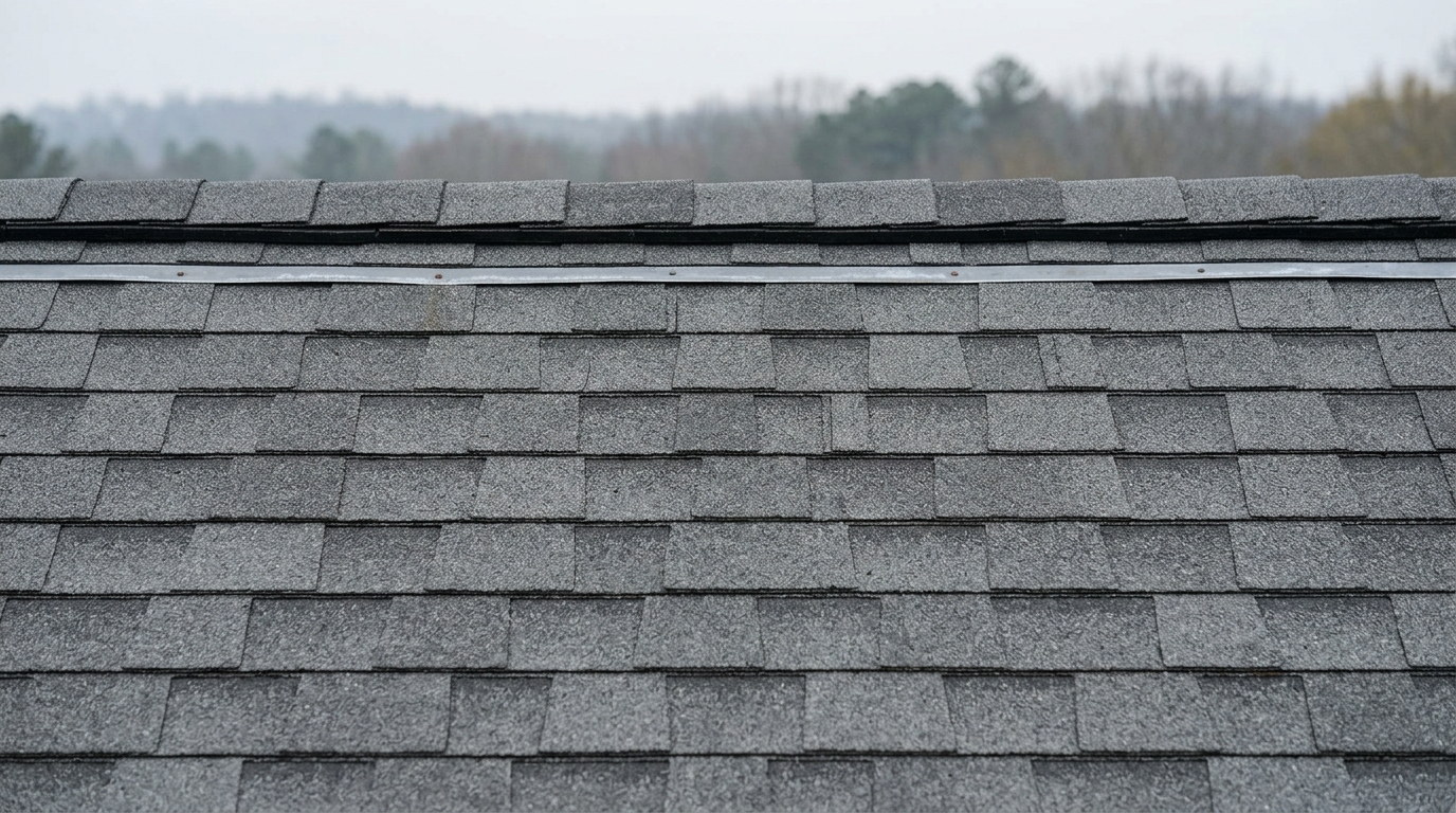 A narrow weathered zinc strip nailed along a roof ridge beneath the ridge cap shingles, its exposed nail heads visible, above a clean moss-free run of asphalt shingles