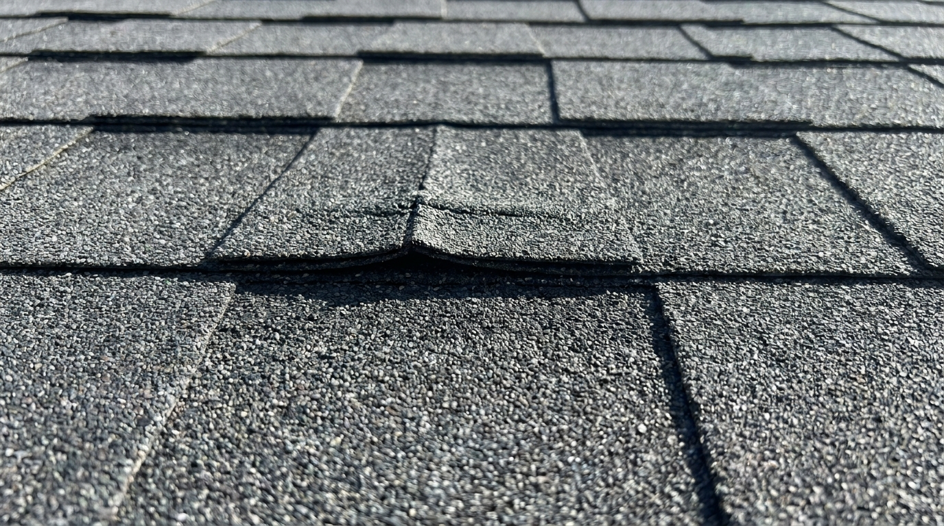 Close-up of gray asphalt shingles with one tab bent along a horizontal crease and its lower edge lifted off the shingle below, while the shingles around it lie flat