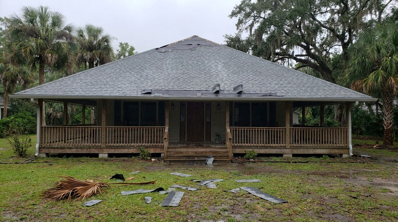 A raised one-story cottage with a deep front porch and a gray asphalt shingle hip roof missing shingles near its peak and in a strip along its lower edge, where one shingle curls up and two small hooded shapes stand upright, with torn shingle pieces and a fallen palm frond on the wet lawn