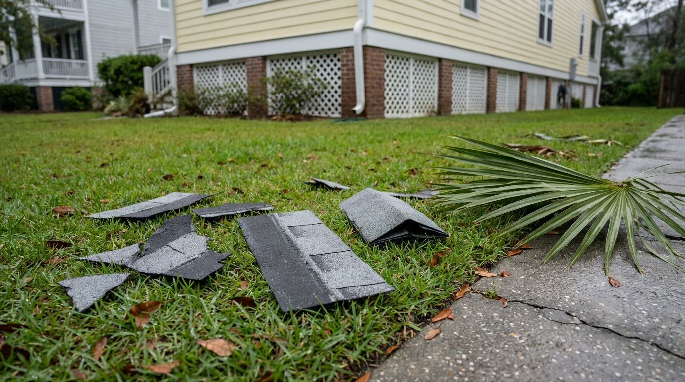Torn pieces of gray asphalt shingle and a fallen palm frond on a wet lawn beside a concrete walkway, in front of a yellow raised house with white lattice panels between its brick piers