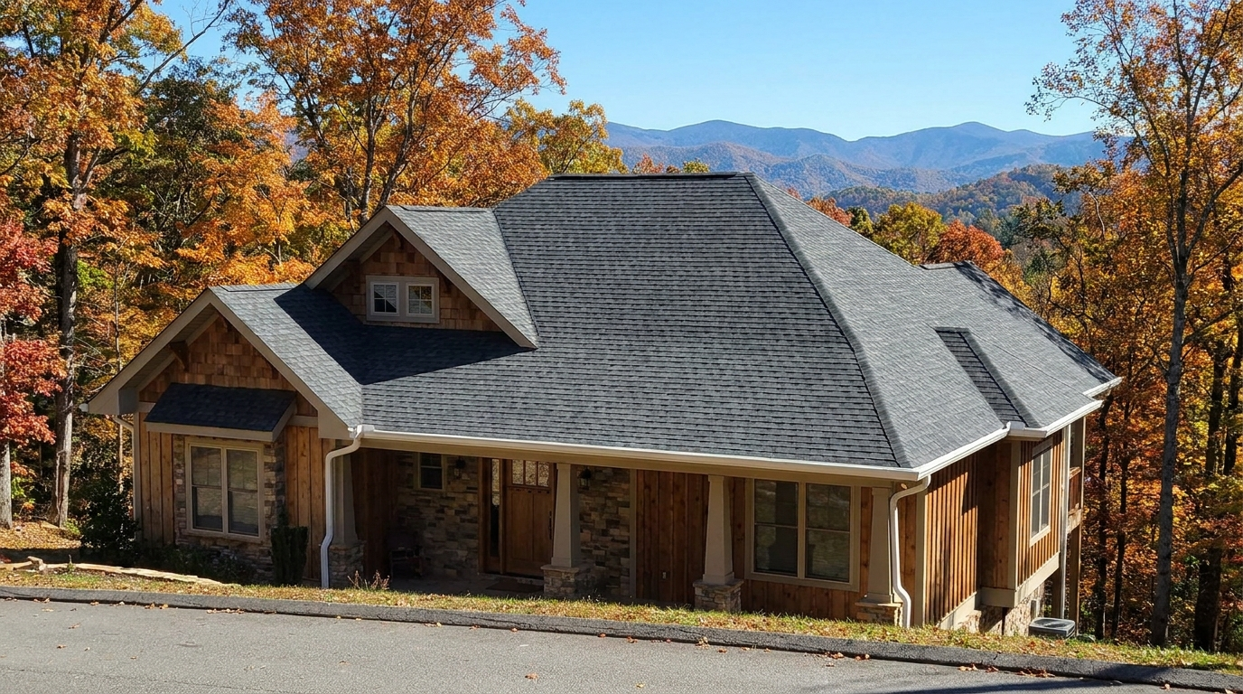 A craftsman-style house on a wooded slope with wood siding, stone porch piers and tapered white columns, a new charcoal gray shingle roof with several gables and a small dormer window, white gutters and downspouts, and orange and gold fall trees with blue mountain ridges behind under a clear sky