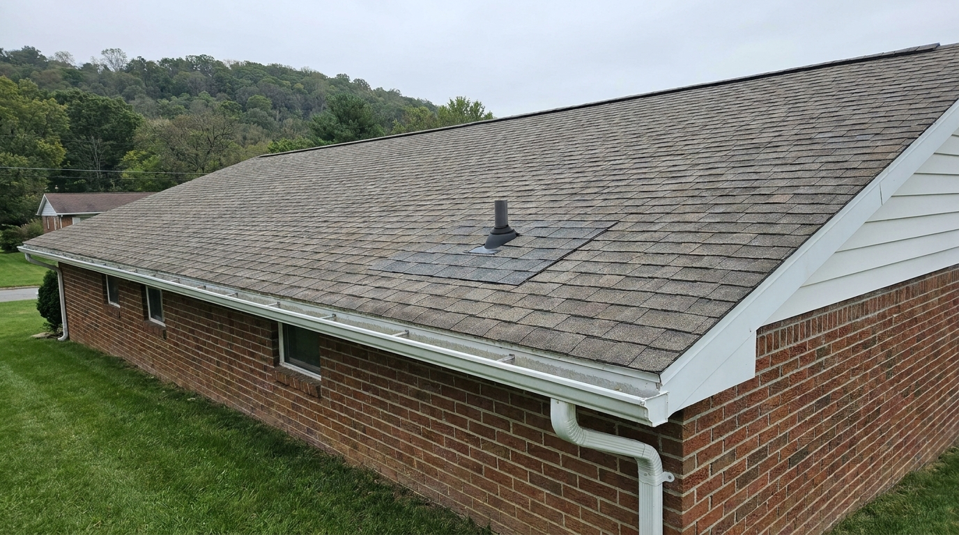 An older, weathered gray-brown shingle roof on a one-story brick house, seen from just above the gutter line, with one small patch of newer, darker shingles around a black plumbing vent pipe, a white gutter and downspout along the eave and a wooded hill behind under an overcast sky