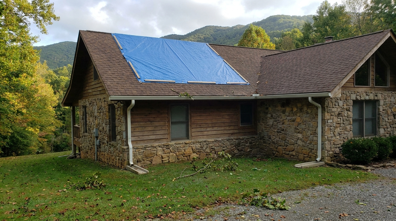 A mountain home with stone and wood walls and a brown shingle roof, a blue tarp held down by wood battens over one section of the roof, white downspouts ending on splash blocks, and a few broken branches and fallen leaves on the lawn beside a gravel driveway, with wooded mountains behind