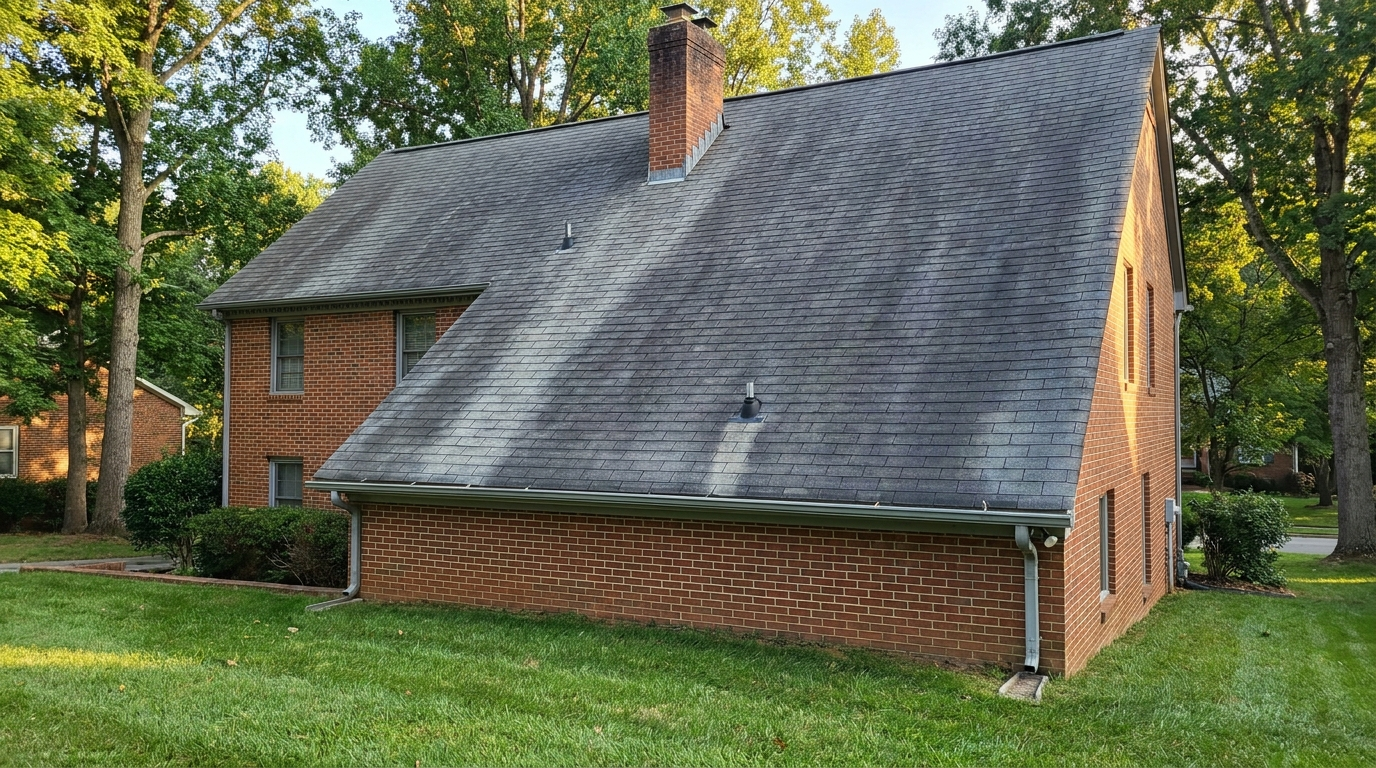 A red-brick house with a steep, weathered gray asphalt shingle roof marked by uneven light and dark streaks, with a brick chimney, two small roof vents, and a gutter and downspouts along the eave, set among a green lawn and tall hardwood trees.