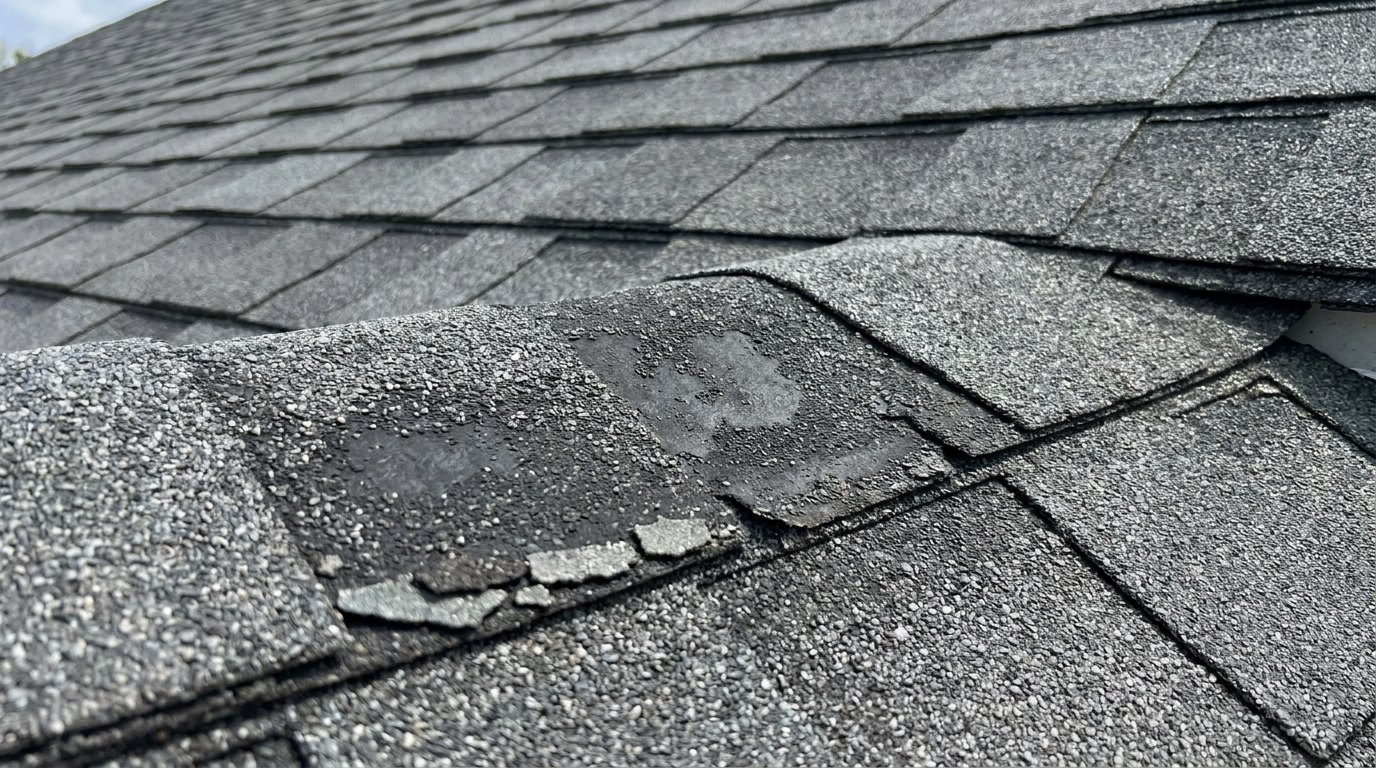 Close view of worn dark gray asphalt shingles on a roof slope, where one tab has lost patches of its granules and shows the dark asphalt underneath, with small flat chips broken loose along its lower edge.