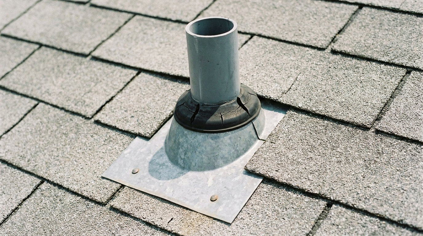 A gray plumbing vent pipe rising through weathered gray asphalt shingles, with its black rubber pipe boot collar cracked in several places and a galvanized metal flashing base held down by two nails.