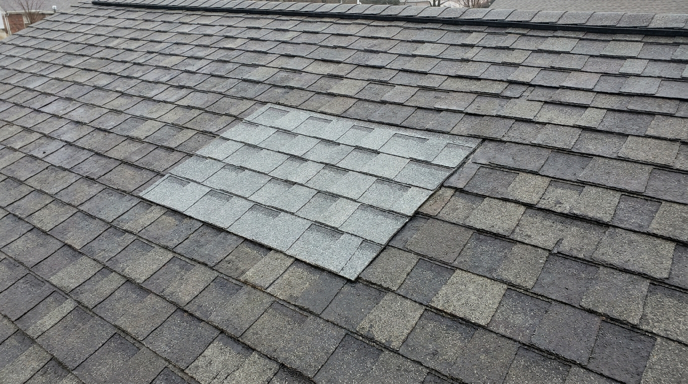 An asphalt shingle roof plane photographed from above in flat daylight, where a rectangular patch of replacement shingles sits noticeably lighter and cleaner than the weathered grey courses around it, making the repair obvious from a distance
