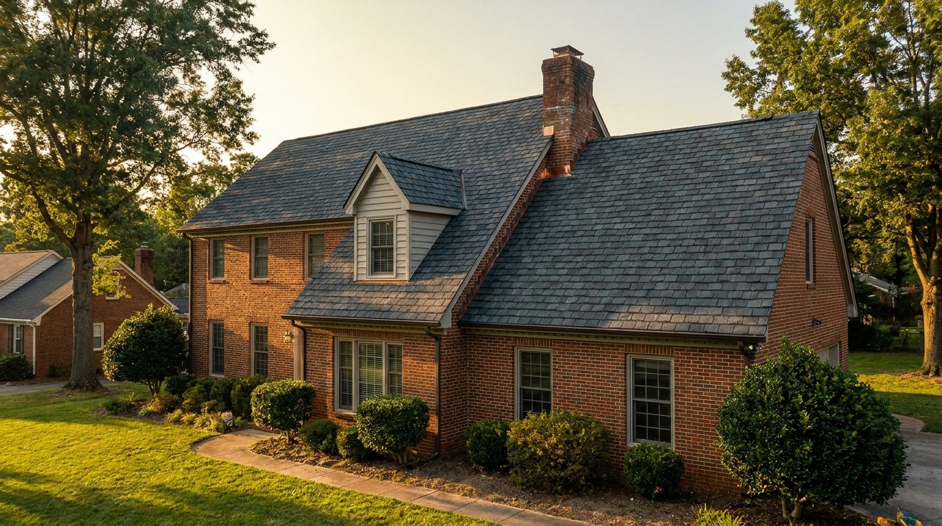 A steep-pitched Greensboro brick home with a deep-shadowed luxury asphalt shingle roof laid in irregular widths to imitate slate, photographed in late-afternoon light