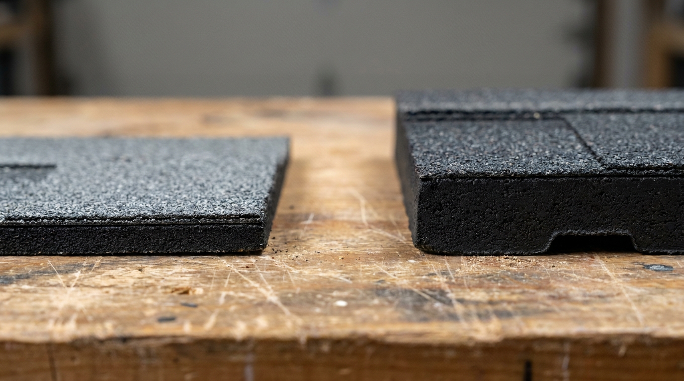 Two asphalt shingle samples set apart on a wooden workbench with their cut butt edges facing the camera, the architectural shingle on the left showing a shallow solid edge and the luxury shingle on the right showing an edge roughly twice as deep
