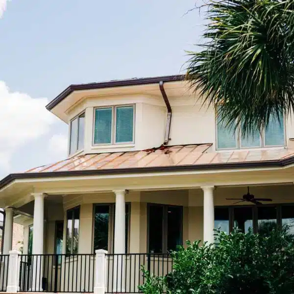 Copper porch awning on coastal home